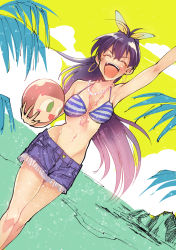 Rule 34 | 1girl, antenna hair, arm up, armpits, ball, bare arms, bare shoulders, beachball, bikini, bikini top only, black hair, breasts, closed eyes, commentary request, denim, denim shorts, dutch angle, earrings, fangs, ganaha hibiki, groin, high ponytail, highres, holding, holding ball, hoop earrings, idolmaster, idolmaster (classic), jewelry, long hair, medium breasts, navel, necklace, open mouth, shorts, solo, striped bikini, striped clothes, swimsuit, very long hair, yorude guutarou