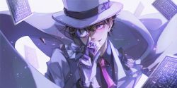 Rule 34 | 1boy, bad id, bad twitter id, black hair, blue eyes, blue shirt, cape, card, collared shirt, dal li 0130, diamond (gemstone), dress shirt, formal, gloves, grin, hair between eyes, hand up, hat, highres, holding, jacket, kaitou kid, looking at viewer, magic kaito, male focus, monocle, necktie, pink necktie, playing card, shirt, short hair, smile, solo, suit, top hat, twitter username, upper body, white background, white cape, white gloves, white hat, white jacket, white suit