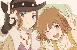 Rule 34 | 1boy, 1girl, artist request, brown hair, closed mouth, collarbone, final fantasy, final fantasy viii, fingerless gloves, flipped hair, gloves, green eyes, hat, highres, irvine kinneas, jewelry, looking at viewer, necklace, one eye closed, open mouth, selphie tilmitt, short hair, smile, v