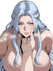 Rule 34 | 1boy, 1girl, blue eyes, blush, braid, breasts, completely nude, crown braid, faceless, faceless male, final fantasy, final fantasy xiv, hand on another&#039;s chin, happy, huge breasts, imminent kiss, jamjamstyle, long hair, mature female, nose blush, nude, pov, seductive smile, smile, venat (ff14), very long hair, warrior of light (ff14), white background, white hair