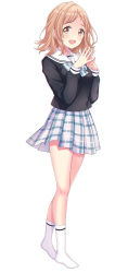 Rule 34 | 1girl, :d, black shirt, bow, brown eyes, brown hair, commentary, full body, gatchapowa, hands up, highres, idolmaster, idolmaster shiny colors, long sleeves, no shoes, open mouth, plaid, plaid bow, plaid skirt, pleated skirt, sailor collar, sakuragi mano, shirt, simple background, skirt, smile, socks, solo, standing, steepled fingers, white background, white bow, white sailor collar, white skirt, white socks