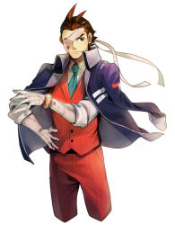 Rule 34 | 1boy, ace attorney, ahoge, apollo justice, bad id, bad pixiv id, bandage over one eye, bandages, black eyes, blood, blue necktie, bracelet, brown hair, capcom, cropped legs, expressionless, gj (johnsonr), hand on own hip, jacket, jacket on shoulders, jewelry, male focus, necktie, pants, phoenix wright: ace attorney - dual destinies, red pants, solo, white background