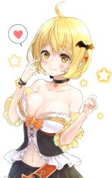 Rule 34 | 1girl, ahoge, aye, bat hair ornament, blonde hair, blush, breasts, cleavage, collarbone, hair ornament, heart, highres, hololive, large breasts, looking at viewer, navel, pointing, pointing at self, revealing clothes, short hair, smile, solo, spoken heart, virtual youtuber, white background, yellow eyes, yozora mel, yozora mel (1st costume)