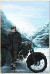 Rule 34 | 10s, 1boy, ^ ^, barnaby brooks jr., blonde hair, boots, closed eyes, coat, goggles, goggles on head, hat, male focus, motor vehicle, motorcycle, scenery, snow, solo, tiger &amp; bunny, vehicle, winter clothes, yasucaflex