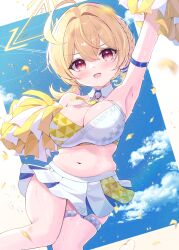 Rule 34 | 1girl, ahoge, arm up, armpits, blonde hair, blue archive, blush, breasts, cheering, cheerleader, cleavage, clothes writing, detached collar, feet out of frame, hair between eyes, halo, halterneck, highres, holding, holding pom poms, kotori (blue archive), kotori (cheer squad) (blue archive), large breasts, long hair, looking at viewer, mikaze oto, millennium cheerleader outfit (blue archive), navel, official alternate costume, open mouth, pom pom (cheerleading), pom poms, red eyes, short twintails, skirt, smile, solo, thigh strap, twintails, white skirt, yellow halo