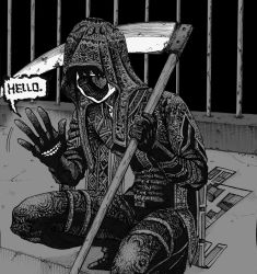 Rule 34 | 1boy, bad id, bad twitter id, black footwear, black gloves, black hair, crack, cracked floor, faceless, fence, gloves, greyscale, hatching (texture), highres, holding, holding scythe, holding weapon, hole in face, hood, hood up, kneeling, maki keigo, male focus, monochrome, original, over shoulder, rust, scythe, solo, speech bubble, waving, weapon, weapon over shoulder