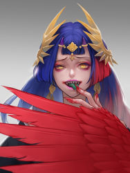 Rule 34 | 1girl, absurdres, blood, blood on hands, blue hair, blunt bangs, blunt ends, breasts, circlet, earrings, eyelashes, eyeshadow, feathered wings, finger to mouth, fingernails, gradient background, grey background, hair ornament, hand up, head wings, highres, horns, japanese clothes, jewelry, licking, licking finger, lips, long fingernails, long hair, looking at viewer, makeup, multicolored hair, nao (gatita), oni horns, open mouth, original, parted lips, pink lips, red hair, red wings, sharp fingernails, sharp teeth, slit pupils, smile, solo, streaked hair, teeth, tongue, tongue out, two-tone hair, uneven eyes, upper body, wings, yellow eyes