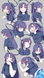 Rule 34 | 1girl, absurdres, black shirt, blue archive, blue eyes, blue hair, blush, expressions, facial mark, grey background, halo, highres, jacket, lanyard, long hair, looking at viewer, mitsutsuka, open mouth, parted bangs, shirt, short ponytail, simple background, sleeping, star (symbol), track jacket, upper body, yuuka (blue archive), yuuka (track) (blue archive)