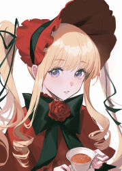 Rule 34 | 1girl, absurdres, black bow, black bowtie, blonde hair, blue eyes, bonnet, bow, bowtie, cup, dress, flower, hair ribbon, hat, highres, holding, holding cup, large bow, looking at viewer, parted lips, red dress, red flower, red hat, red rose, ribbon, ringlets, rose, rozen maiden, shinku, sidelocks, simple background, solo, tea, twintails, upper body, vsmile, white background