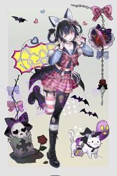 Rule 34 | 1girl, animal ears, bat (animal), black footwear, black pantyhose, blue bow, blush, bow, cat, collarbone, commission, detached sleeves, flower, full body, grey background, happybiirthd, hat, headdress, highres, key, looking at viewer, navel, one eye closed, open mouth, original, pantyhose, pink bow, red eyes, red flower, red rose, rose, simple background, single leg pantyhose, single thighhigh, skirt, skull, smile, solo, standing, standing on one leg, striped clothes, striped skirt, striped thighhighs, teeth, thighhighs, torn clothes, torn pantyhose, upper teeth only, v, white cat, witch hat