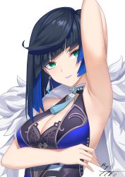 Rule 34 | 1girl, absurdres, arm under breasts, arm up, armpits, blue dress, bob cut, breasts, diagonal bangs, diamond-shaped pupils, diamond (shape), dice, dress, earrings, feather-trimmed jacket, genshin impact, green eyes, highres, jacket, jacket on shoulders, jewelry, large breasts, looking at viewer, mole, mole on breast, multicolored hair, neck tassel, parted lips, purple lips, short hair, signature, sleeveless, sleeveless dress, smile, solo, symbol-shaped pupils, two-tone hair, upper body, w-t, white background, white jacket, yelan (genshin impact)