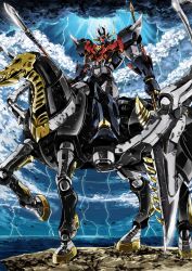 Rule 34 | blue eyes, dual wielding, garimpeiro, glowing, glowing eyes, heterochromia, highres, holding, holding polearm, holding spear, holding weapon, horseback riding, lightning, lightning bolt symbol, looking at viewer, looking down, mazinger (series), mazinkaiser skl, mazinkaiser skl (mecha), mecha, polearm, red eyes, riding, robot, skeleton horse, skl-rr, spear, storm, super robot, weapon