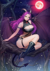 Rule 34 | 1girl, absurdres, arm at side, arm strap, bare tree, black footwear, boots, breasts, buckle, cleavage cutout, closed mouth, clothing cutout, cloud, demon girl, demon tail, demon wings, fishnets, full body, full moon, green eyes, head tilt, highres, horns, in tree, knee boots, large breasts, light particles, lipgloss, long hair, looking at viewer, low wings, makeup, mascara, moon, night, night sky, original, outdoors, parted bangs, purple hair, realistic, red moon, signature, sitting, sitting in tree, sky, sleeveless, smile, solo, spread wings, star (symbol), tail, thigh strap, tree, very long hair, w ruwaki, wings