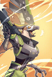 Rule 34 | 1boy, armor, avionetca, bastard!!, battleborn, benedict (battleborn), bird boy, feathered wings, furry, furry male, gun, highres, male focus, multicolored eyes, open mouth, red eyes, solo, tongue, tongue out, upper body, weapon, wings, yellow eyes