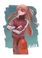Rule 34 | 1girl, absurdres, alternate eye color, artist request, ass, bodysuit, bodysuit under clothes, breasts, brown hair, cameltoe, character name, clenched teeth, crossed arms, evangelion: 3.0 you can (not) redo, green eyes, hair between eyes, highres, jacket, long hair, medium breasts, neon genesis evangelion, open mouth, plugsuit, rebuild of evangelion, red bodysuit, simple background, solo, souryuu asuka langley, standing, teeth, track jacket, twintails