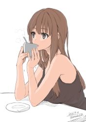Rule 34 | 1girl, bare shoulders, breast rest, breasts, breasts on table, brown eyes, brown hair, brown tank top, commentary, cup, dated, hair between eyes, hair over breasts, highres, holding, holding cup, light blush, long hair, looking ahead, looking away, medium breasts, open mouth, original, plate, plunging neckline, romaji commentary, sidelighting, simple background, sitting, sketch, solo, spoon, steam, table, tank top, twitter username, two-handed, unasaka ryou, upper body, white background