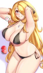 Rule 34 | 1girl, anisdrawn, arms behind head, artist name, bikini, black bikini, blonde hair, breasts, cleavage, closed mouth, creatures (company), cynthia (pokemon), game freak, grey eyes, hair lift, hair ornament, hair over one eye, heart, highres, jewelry, large breasts, long hair, looking at viewer, micro bikini, navel, necklace, nintendo, poke ball, pokemon, pokemon dppt, side-tie bikini bottom, simple background, smile, solo, spoken heart, swimsuit, thick thighs, thighs, tight clothes, wide hips