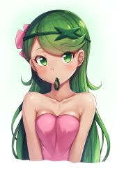 Rule 34 | 1girl, alternate hairstyle, arms at sides, bare arms, bare shoulders, blush, breasts, cleavage, collarbone, creatures (company), dark-skinned female, dark skin, female focus, flower, game freak, green eyes, green hair, green hairband, hair down, hair flower, hair ornament, hairband, highres, long hair, looking at viewer, mallow (pokemon), matching hair/eyes, medium breasts, mouth hold, neck, nintendo, pink shirt, pokemon, pokemon (anime), pokemon sm, pokemon sm (anime), shirt, simple background, solo, strapless, trial captain, tube top, upper body, white background, yuki usagi (snowcanvas)