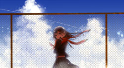Rule 34 | 1girl, arm up, black serafuku, black shirt, black skirt, blue sky, blush, brown eyes, brown hair, chain-link fence, closed mouth, cloud, commentary, commentary request, contrail, cowboy shot, day, english commentary, fence, floating scarf, from side, hand on own head, highres, kagerou project, light particles, light smile, long hair, long sleeves, looking at viewer, looking to the side, majiang, midriff peek, mixed-language commentary, neckerchief, outdoors, pleated skirt, red scarf, scarf, school uniform, serafuku, shirt, skirt, sky, solo, summertime record (vocaloid), tateyama ayano, white neckerchief, wind, winter uniform