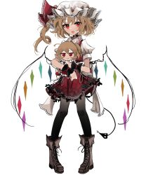 Rule 34 | 1girl, :d, black pantyhose, blonde hair, boots, brown footwear, collared shirt, commentary, cross-laced footwear, doll, english commentary, flandre scarlet, fumo (doll), hat, hat ribbon, highres, holding, holding doll, laevatein (tail), looking at viewer, mob cap, open mouth, ougiikun, pantyhose, pointy ears, puffy short sleeves, puffy sleeves, red eyes, red ribbon, red skirt, red vest, ribbon, shirt, short sleeves, simple background, skirt, smile, solo, standing, tail, touhou, vest, white background, white hat, white shirt, wings, wrist cuffs