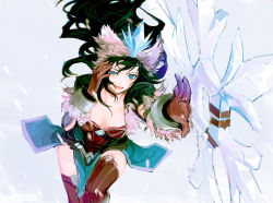 Rule 34 | 1girl, alternate costume, black hair, blue eyes, brown gloves, dress, gloves, goto-ri, league of legends, long hair, open mouth, sivir, smile, snowflakes, solo, thighhighs, winter clothes