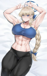 Rule 34 | abs, bed, blonde hair, blue archive, blue eyes, blush, breasts, cleavage, hair ribbon, halo, highres, koucha indian, large breasts, long braid, looking at viewer, lying, muscular, muscular female, on back, pants, ribbon, sweat, sweatpants, tank top, toki (blue archive), v