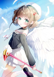 Rule 34 | 1girl, ahoge, beret, black footwear, black shirt, blue sky, blush, cardcaptor sakura, cloud, commentary request, day, feathered wings, feathers, green eyes, hair bobbles, hair intakes, hair ornament, hat, highres, holding, holding wand, kinomoto sakura, long sleeves, looking at viewer, looking back, outdoors, parted lips, pleated skirt, puffy long sleeves, puffy sleeves, sailor collar, school uniform, segawa luna, serafuku, shirt, shoe soles, shoes, signature, skirt, sky, sleeves past wrists, socks, solo, two side up, wand, white feathers, white hat, white sailor collar, white skirt, white socks, white wings, wings