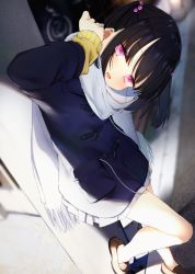Rule 34 | 1girl, :d, arm up, bare legs, black hair, blue jacket, blurry, blurry background, blush, brown footwear, clenched hand, commentary request, dutch angle, full body, hair ornament, half-closed eyes, head tilt, jacket, kamizaki hibana, leaning back, leaning on object, leg up, loafers, long sleeves, looking at viewer, no socks, open mouth, original, outdoors, pink eyes, pleated skirt, scarf, shoes, short twintails, skirt, smile, solo, sunlight, sweater, twintails, white scarf, yellow sweater