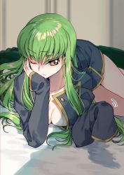 Rule 34 | 1girl, arm support, bed, breasts, c.c., code geass, creayus, female focus, fringe trim, green hair, hand on head, indoors, jacket, long hair, long sleeves, looking at viewer, lying, on bed, one eye closed, open clothes, open jacket, school uniform, sidelocks, yellow eyes