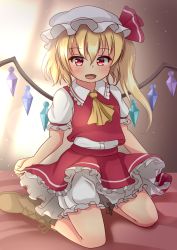 Rule 34 | 1girl, :d, blonde hair, bloomers, boots, cross-laced footwear, fang, flandre scarlet, frilled skirt, frills, hat, highres, hotel01, mob cap, open mouth, puffy short sleeves, puffy sleeves, red eyes, short hair, short sleeves, side ponytail, sitting, skirt, skirt hold, smile, touhou, underwear, vest, wings