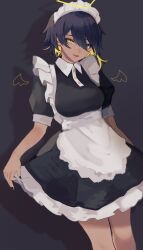 Rule 34 | 1girl, agame-san (agamemega), agamemega, apron, black background, black nails, blue hair, breasts, buttons, collar, commentary, dark-skinned female, dark blue hair, dark skin, frilled headwear, hair between eyes, halo, highres, looking at viewer, maid, maid apron, maid headdress, multicolored hair, nail polish, open mouth, original, rectangular halo, shadow, short hair, short sleeves, simple background, skirt, streaked hair, symbol-only commentary, tongue, yellow eyes