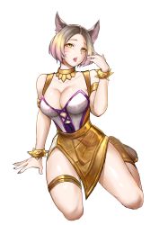 Rule 34 | 1girl, absurdres, ahri (league of legends), animal ears, arm support, bare shoulders, blonde hair, bracelet, breasts, brown hair, cleavage, collarbone, facial mark, fox ears, hand up, highres, jewelry, k/da (league of legends), k/da ahri, k/da ahri prestige edition, kneeling, large breasts, league of legends, multicolored hair, official alternate costume, parted bangs, saliva, short hair, simple background, solo, teeth, tongue, tongue out, two-tone hair, wei miao, whisker markings, white background