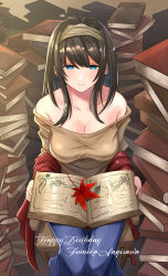 Rule 34 | 1girl, bare shoulders, black hair, blue eyes, blue skirt, book, book stack, breasts, brown hairband, brown shirt, chair, character name, cleavage, commentary request, hair between eyes, hairband, happy birthday, highres, holding, holding book, idolmaster, idolmaster cinderella girls, large breasts, leaf, long hair, long skirt, looking at viewer, maple leaf, off-shoulder shirt, off shoulder, on chair, red shawl, sagisawa fumika, shawl, shirt, shogun (a96040021), sitting, skirt, smile, solo
