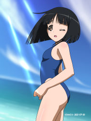 Rule 34 | 1girl, artist name, ass, beach, black hair, blue one-piece swimsuit, blush, breasts, brown eyes, dated, female focus, from side, girls und panzer, gotou moyoko, highres, looking at viewer, looking to the side, naotosi, ocean, one-piece swimsuit, one eye closed, open mouth, outdoors, short hair, sky, small breasts, solo, swimsuit