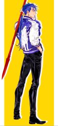 Rule 34 | 1boy, alternate costume, animal print, black footwear, black pants, blue hair, casual, contemporary, cu chulainn (fate), earrings, fate/stay night, fate (series), full body, gae bolg (fate), grin, hand in pocket, holding, holding spear, holding weapon, jacket, jewelry, cu chulainn (fate/stay night), left-handed, long hair, looking at viewer, male focus, pants, polearm, ponytail, print jacket, profile, shoes, simple background, smile, solo, spear, standing, tatsuta age, weapon, yellow background
