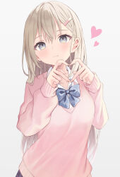 Rule 34 | 1girl, akino ell, blonde hair, blue bow, blue bowtie, blush, bow, bowtie, breasts, closed mouth, collarbone, collared shirt, commentary, dot nose, grey eyes, hair behind ear, hair between eyes, hair ornament, hairclip, hands up, head tilt, heart, heart hands, highres, large breasts, light smile, long hair, looking at viewer, open collar, original, pink sweater, plaid, plaid bow, plaid bowtie, school uniform, shirt, simple background, sleeves past wrists, solo, sweater, symbol-only commentary, thick eyelashes, upper body, white background, white shirt