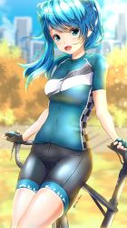 Rule 34 | 1girl, :d, aqua bodysuit, autumn, bicycle, bike jersey, bike shorts, blue eyes, blue hair, blush, bodysuit, breasts, cityscape, garter-velvet, gloves, hair ribbon, hatsune miku, highres, large breasts, leaning on object, looking at viewer, medium hair, open mouth, outdoors, ribbon, sidelocks, smile, solo, standing, thighs, twintails, vocaloid