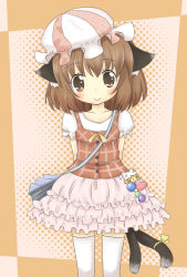 Rule 34 | 1girl, aiba kou, alternate costume, animal ears, arms behind back, bag, brown eyes, brown hair, casual, cat ears, cat girl, cat tail, chen, child, contemporary, female focus, handbag, hat, multiple tails, short hair, solo, tail, thighhighs, touhou