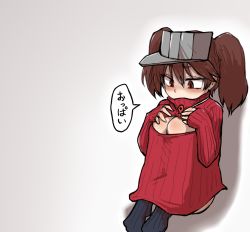 Rule 34 | 1girl, black socks, blush, breast conscious, breast press, brown hair, cleavage cutout, clothing cutout, flat chest, highres, hugging own legs, kantai collection, long sleeves, meme attire, onee-chan no te wo totte, open-chest sweater, parody, red eyes, ribbed sweater, ryuujou (kancolle), sitting, sleeves past wrists, socks, solo, suzurino, sweater, turtleneck, twintails, visor cap