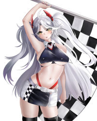 Rule 34 | 1girl, absurdres, azur lane, bare shoulders, belt, black skirt, black thighhighs, breasts, checkered flag, clothing cutout, cropped shirt, flag, headgear, highres, holding, holding flag, kaminoringo, long hair, looking at viewer, nail polish, navel, official alternate costume, panties, panty straps, prinz eugen (azur lane), prinz eugen (final lap) (azur lane), race queen, red nails, red panties, simple background, skirt, standing, thighhighs, two-tone skirt, underboob, underboob cutout, underwear, very long hair, white background, white belt, white hair, white skirt, yellow eyes, zettai ryouiki