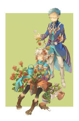 Rule 34 | 1boy, 1girl, bad id, bad pixiv id, blue hair, closed eyes, flower, glasses, highres, hubert ozwell, multicolored hair, pascal (tales), pascal (tales), plant, red hair, silver hair, smile, tales of (series), tales of graces, two-tone hair, vase, watering can, yachi kou