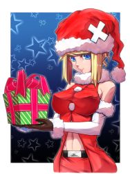 Rule 34 | 1girl, belt, blonde hair, blue eyes, breasts, christmas, commentary, covered erect nipples, fur collar, fur trim, gift, gloves, highres, holding, holding gift, jin (mugenjin), large breasts, looking at viewer, navel, santa costume, secretary-san (zannen onna-kanbu black general-san), sleeveless, solo, zannen onna-kanbu black general-san