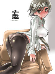 Rule 34 | 10s, 1girl, alternate hairstyle, ass, bad id, bad pixiv id, black pantyhose, blush, breasts, brown eyes, chitose (kancolle), female focus, grey hair, headband, kantai collection, kneeling, large breasts, long hair, no pants, panties, panties under pantyhose, pantyhose, revision, shiny clothes, solo, tokita monta, underwear