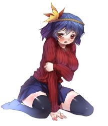 Rule 34 | 1girl, alternate costume, between legs, black thighhighs, blush, breasts, female focus, hand between legs, large breasts, looking at viewer, open mouth, purple hair, red eyes, ribbed sweater, sakimori dan, short hair, simple background, sitting, skirt, solo, sweater, tears, thighhighs, touhou, wariza, white background, yasaka kanako