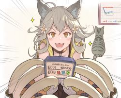 Rule 34 | 1girl, ahoge, animal ears, blush, brown hair, card, cat, claw (weapon), claws, collar, erune, fangs, fangs out, flower, granblue fantasy, graph, grey hair, hair flower, hair ornament, hinami (hinatamizu), looking at viewer, open mouth, sen (granblue fantasy), sparkle, v-shaped eyebrows, weapon, white background