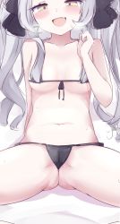 Rule 34 | 1girl, absurdres, armpit crease, bed sheet, bikini, black bikini, blush, breasts, cocozasa, collarbone, commentary request, eyelashes, fang, front-tie bikini top, front-tie top, gluteal fold, grey hair, groin, hair ribbon, half-closed eyes, hand up, highres, hololive, leaning back, long hair, micro bikini, murasaki shion, naughty face, navel, open mouth, ribbon, side-tie bikini bottom, sidelocks, sitting, small breasts, solo, spread legs, sweatdrop, swimsuit, thighs, virtual youtuber, yellow eyes