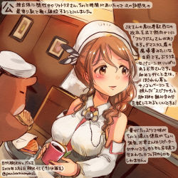 Rule 34 | 1girl, admiral (kancolle), animal, bare shoulders, breasts, brown eyes, brown hair, coffee, colored pencil (medium), commentary request, dated, detached sleeves, eating, food, hamster, kantai collection, kirisawa juuzou, large breasts, littorio (kancolle), long hair, non-human admiral (kancolle), numbered, open mouth, sandwich, sitting, smile, traditional media, translation request, twitter username