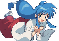 Rule 34 | 1girl, :d, asada hachi, blue eyes, blue hair, blush, commentary, ghost sweeper mikami, hakama, hakama skirt, happy, himuro kinu, japanese clothes, long hair, looking at viewer, miko, open mouth, red hakama, sandals, simple background, skirt, smile, solo, tabi, very long hair, white background, white legwear, zouri
