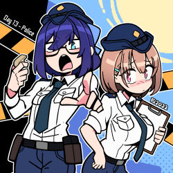 Rule 34 | 2girls, a-chan (hololive), absurdres, alternate costume, artist logo, belt, belt pouch, black-framed eyewear, black belt, blue eyes, blue hair, blue necktie, blue pants, blush, breasts, brown hair, clipboard, closed mouth, collared shirt, commentary, cowboy shot, dated, denim, dress shirt, embarrassed, english commentary, english text, eyes visible through hair, glasses, hair between eyes, hair ornament, hairclip, harusaki nodoka, hat, highres, holding, holding clipboard, holding whistle, hololive, iqbal fauzi, jeans, looking at viewer, medium breasts, multiple girls, necktie, open mouth, outline, pants, pink eyes, pointing, pointing at viewer, police, police hat, police uniform, policewoman, pouch, semi-rimless eyewear, shirt, shirt tucked in, short hair, small breasts, standing, uniform, v-shaped eyebrows, virtual youtuber, whistle, white shirt, wing collar