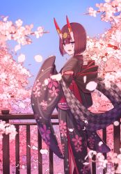 Rule 34 | 1girl, absurdres, black kimono, bob cut, breasts, cherry blossoms, eyeliner, fate/grand order, fate (series), floral print, headpiece, highres, horn ornament, horn ring, horns, huge filesize, japanese clothes, kimono, long sleeves, looking at viewer, lostroom outfit (fate), makeup, obi, oni, open mouth, purple eyes, purple hair, sash, sawarineko, short hair, shuten douji (fate), skin-covered horns, small breasts, smile, solo, tree, wide sleeves